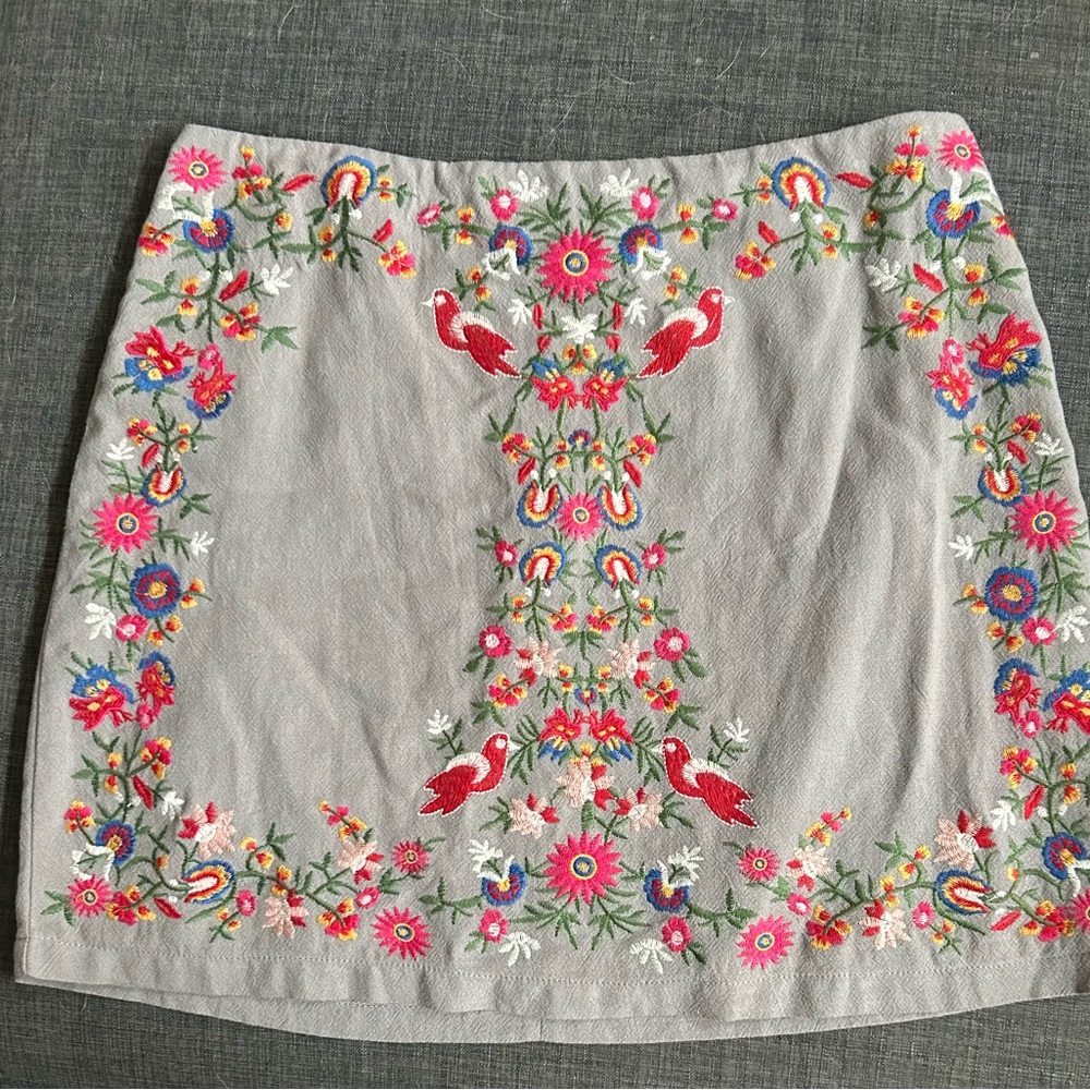 Altar'd State Anthropologie Gray Mini Skirt with Red Floral and Bird Embroidery - Picture 2 of 5